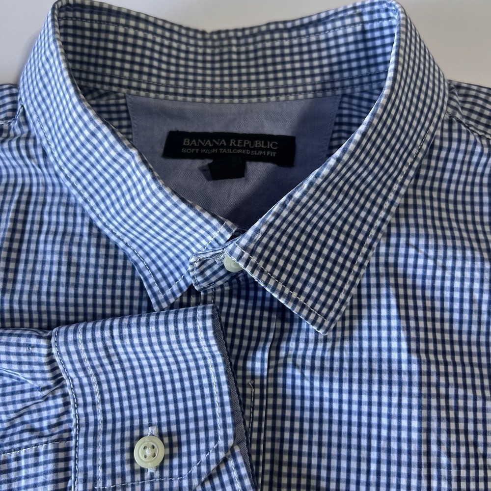 Banana Republic Shirt Mens XL Blue Gingham Slim Fit  Button Up